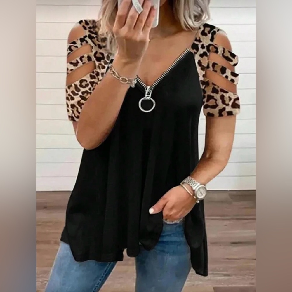 Black Leopard Print Cold Shoulder Top